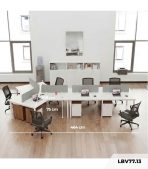 Cụm bàn làm việc 6+1 người LBV77.13 464x268 - Mặt bàn trắng - Khung trắng - Tủ vân gỗ
