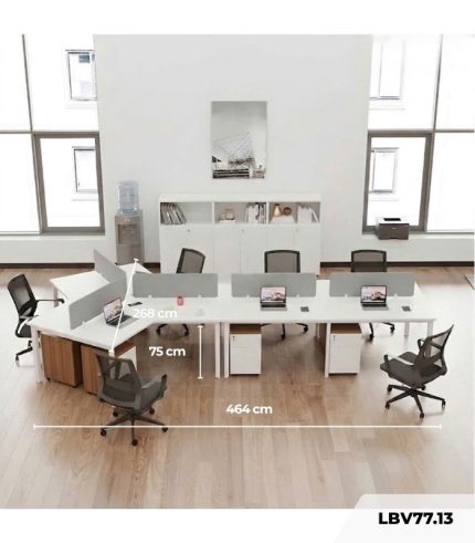 Cụm bàn làm việc 6+1 người LBV77.13 464x268 - Mặt bàn trắng - Khung trắng - Tủ vân gỗ