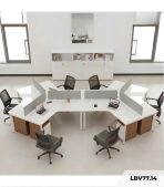 Cụm bàn làm việc 6 người LBV77.14 464x268 - Mặt bàn trắng - Khung trắng - Tủ vân gỗ