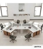 Cụm bàn làm việc 6 người LBV77.14 464x268 - Mặt bàn trắng - Khung trắng - Tủ vân gỗ