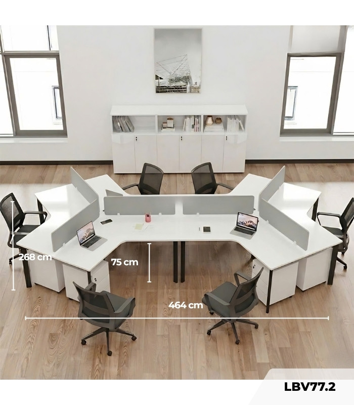 Cụm bàn làm việc 6 người LBV77.2 464x268 - Mặt bàn trắng - Khung đen