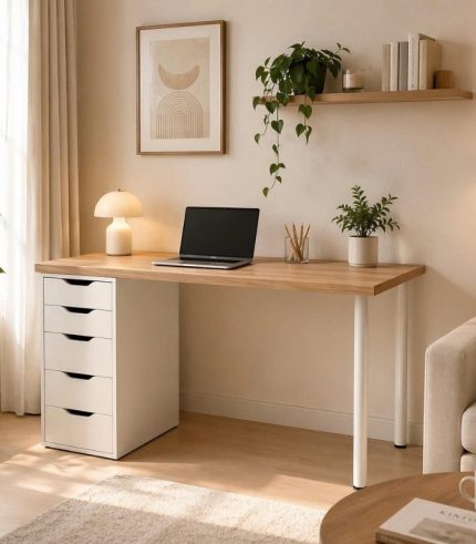 Bàn làm việc IKEA 1 Tủ LBV63.7 140x60 - Trắng + Vân gỗ