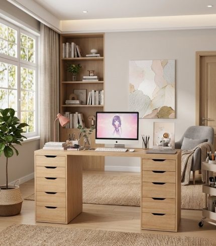 Bàn làm việc IKEA 2 Tủ LBV38.5 160x60 - Vân gỗ nhạt