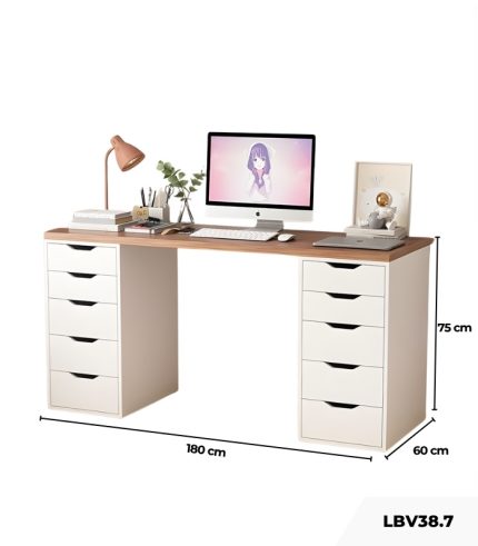 Bàn làm việc IKEA 2 Tủ LBV38.7 180x60 - Trắng + Vân gỗ