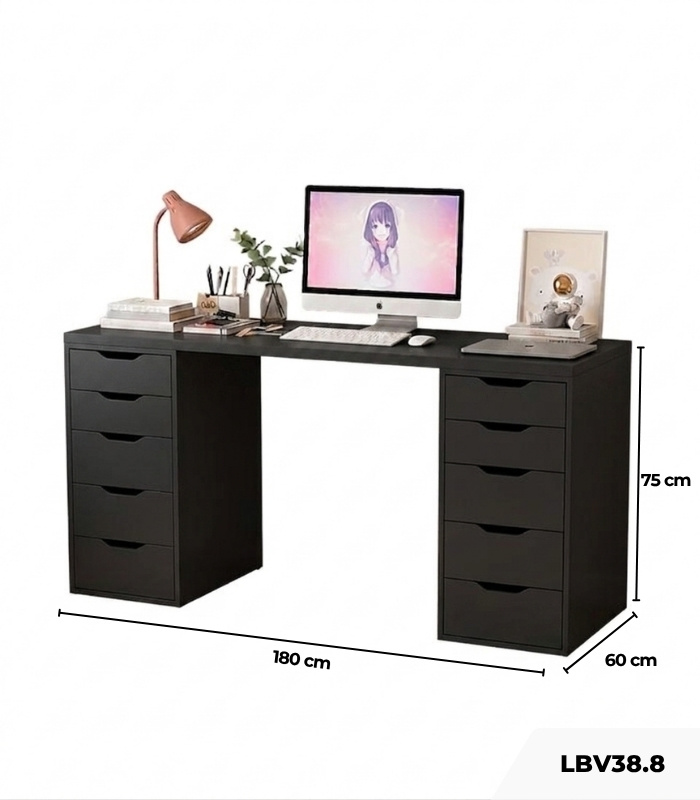 Bàn làm việc IKEA 2 Tủ LBV38.8 180x60 - Đen