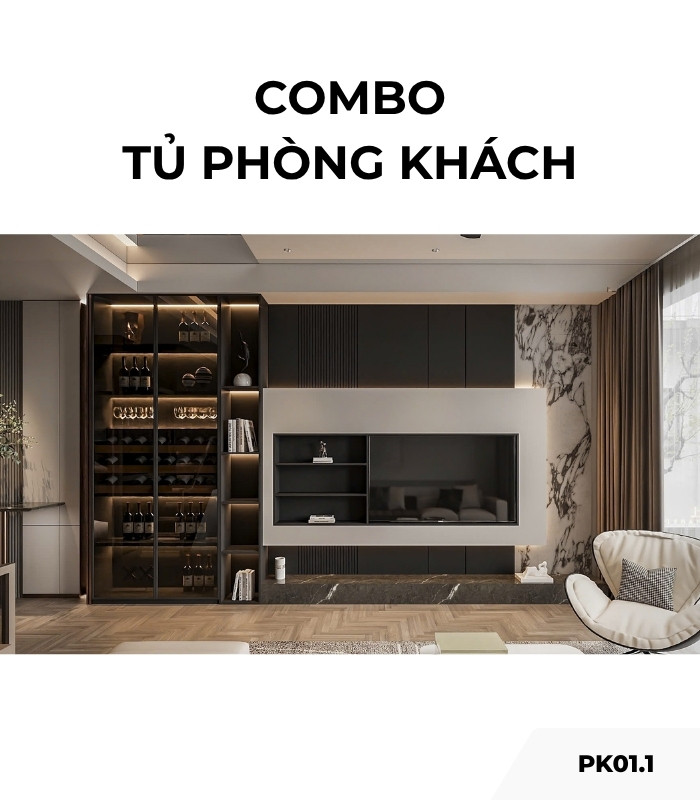Combo tủ phòng khách PK01.1 4m6 x 2m7 - Ghi