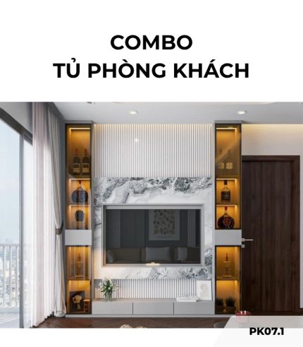 Combo tủ phòng khách PK07.1 - Ghi nhạt kết hợp Trắng