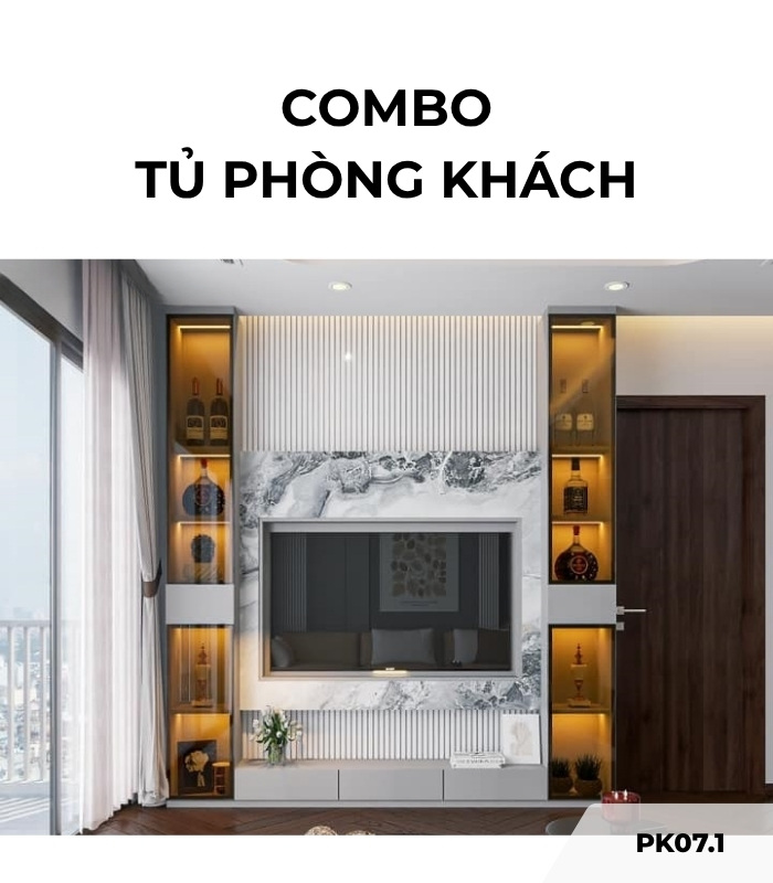 Combo tủ phòng khách PK07.1 - Ghi nhạt kết hợp Trắng