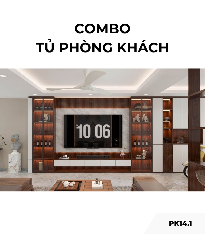 Combo tủ phòng khách PK14.1 - Gỗ kết hợp Trắng