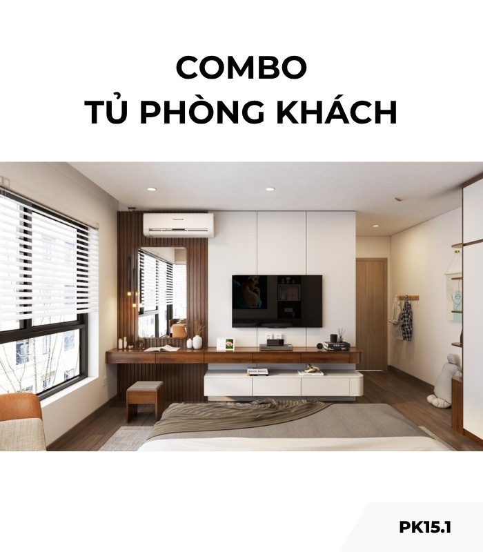 Combo tủ phòng khách PK15.1 - Gỗ kết hợp Trắng