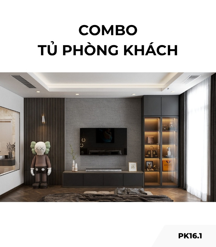 Combo tủ phòng khách PK16.1 - Gỗ kết hợp Ghi