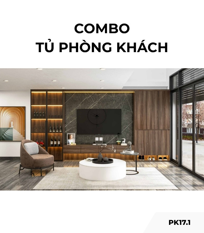 Combo tủ phòng khách PK17.1 - Gỗ kết hợp Vân đá