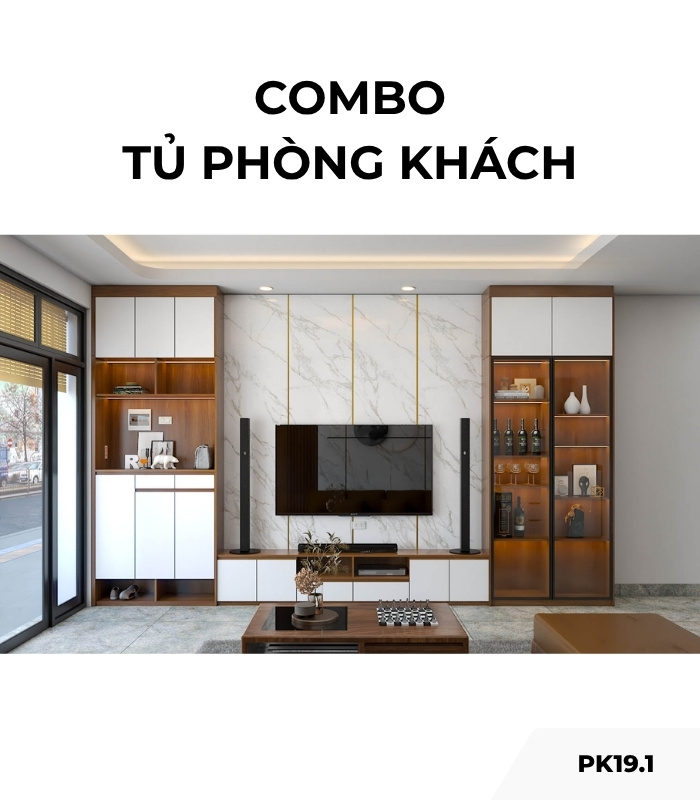 Combo tủ phòng khách PK19.1 - Gỗ kết hợp Trắng