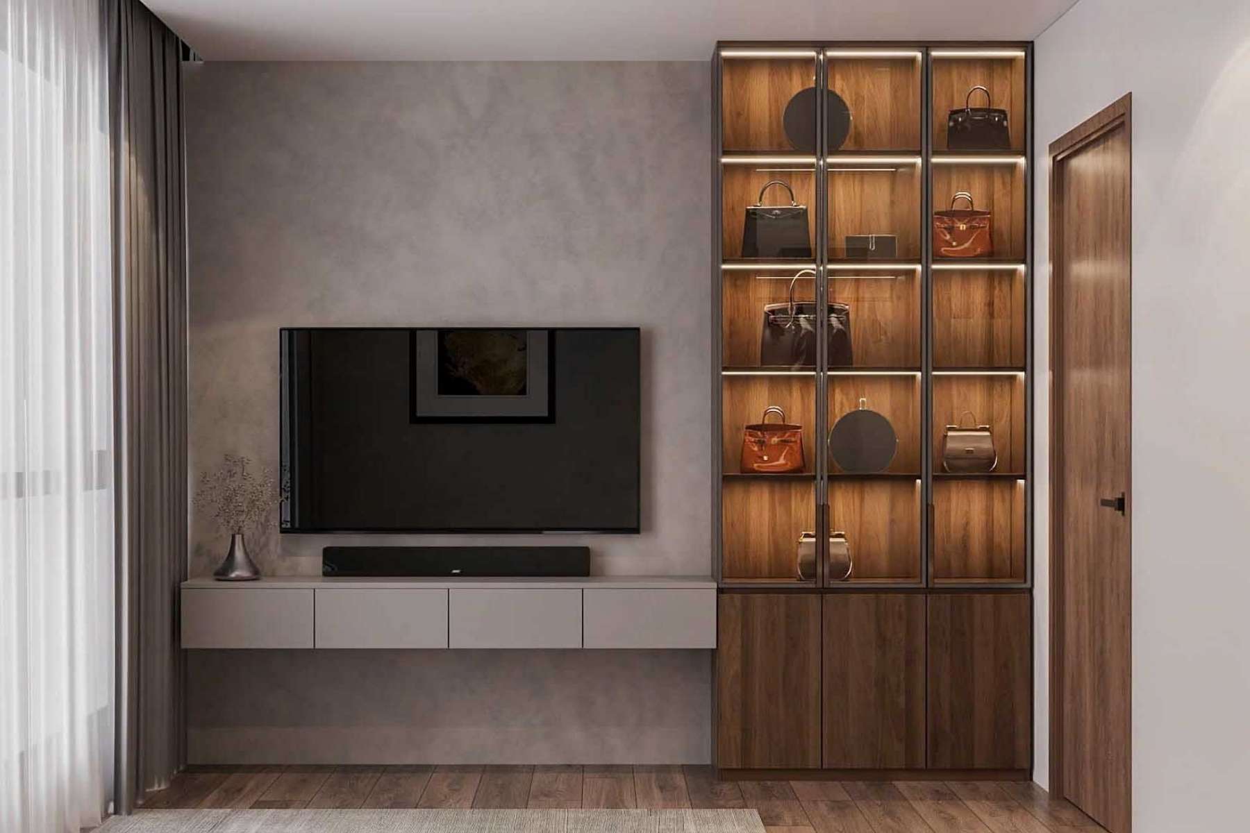 Tủ trang trí cánh Gỗ kết hợp Khung nhôm Kính màu PK05.3