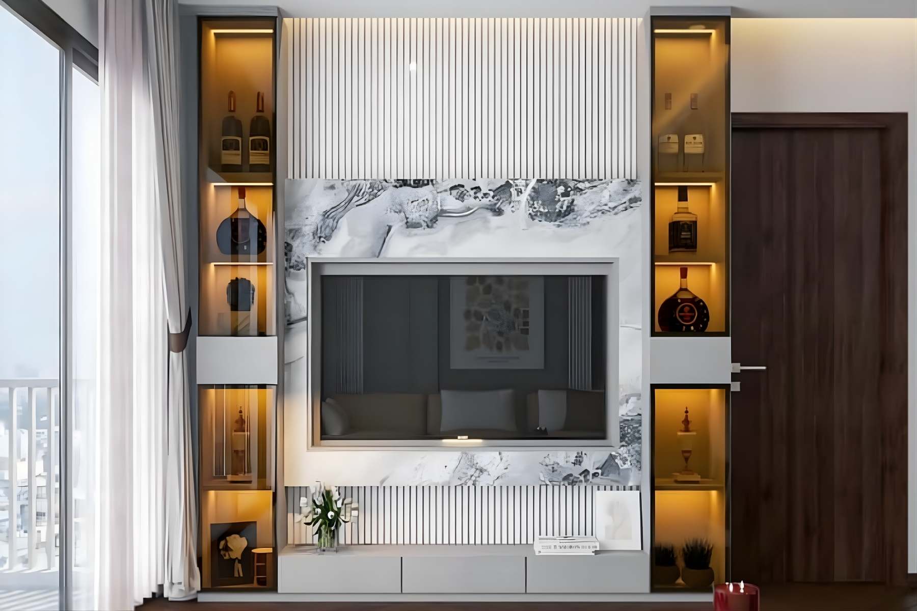 Tủ trang trí cánh Gỗ kết hợp Khung nhôm Kính màu PK07.3