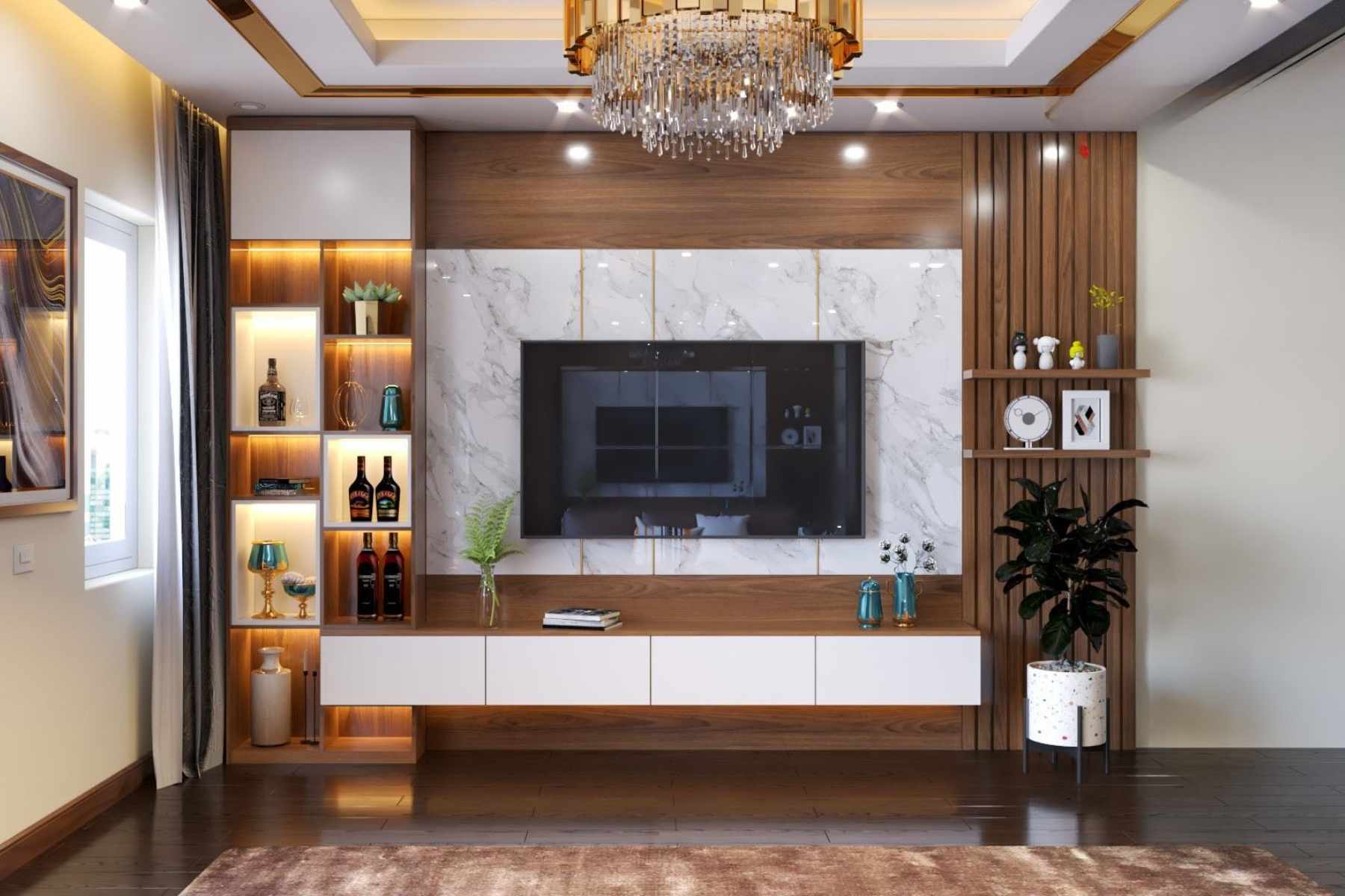 Tủ trang trí gỗ PK08.3 75x264 - Gỗ kết hợp Trắng