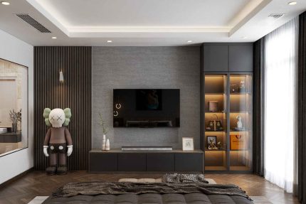 Tủ trang trí cánh Gỗ kết hợp Khung nhôm Kính màu PK16.3 100x270 - Ghi đậm