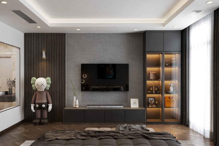 Tủ trang trí cánh Gỗ kết hợp Khung nhôm Kính màu PK16.3 100x270 - Ghi đậm