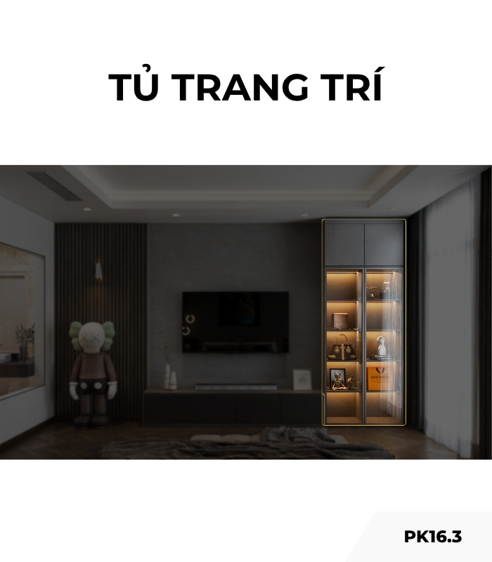 Tủ trang trí cánh Gỗ kết hợp Khung nhôm Kính màu PK16.3 100x270 - Ghi đậm