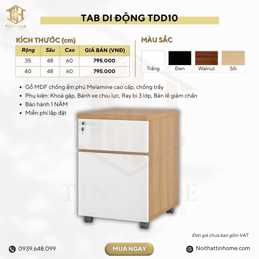 Tab Di Động 2 Ngăn TDD10.1 35x48x60 - Vân gỗ đậm