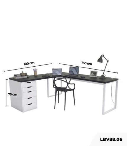 Bàn làm việc IKEA Chữ L 1 Tủ LBV88.06 180x160 - Trắng + Đen