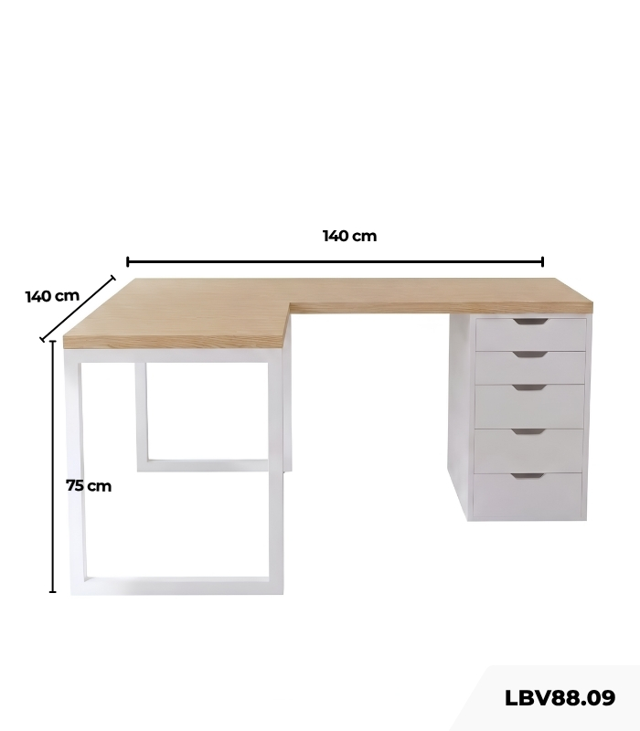 Bàn làm việc IKEA Chữ L 1 Tủ LBV88.09 140x140 - Trắng + Vân gỗ