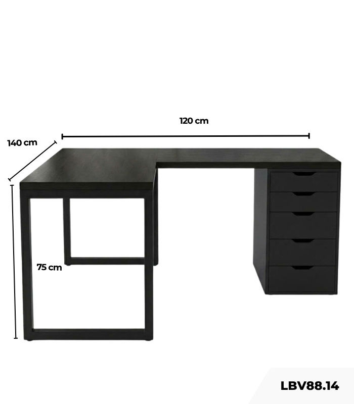 Bàn làm việc IKEA Chữ L 1 Tủ LBV88.14 140x120 - Đen