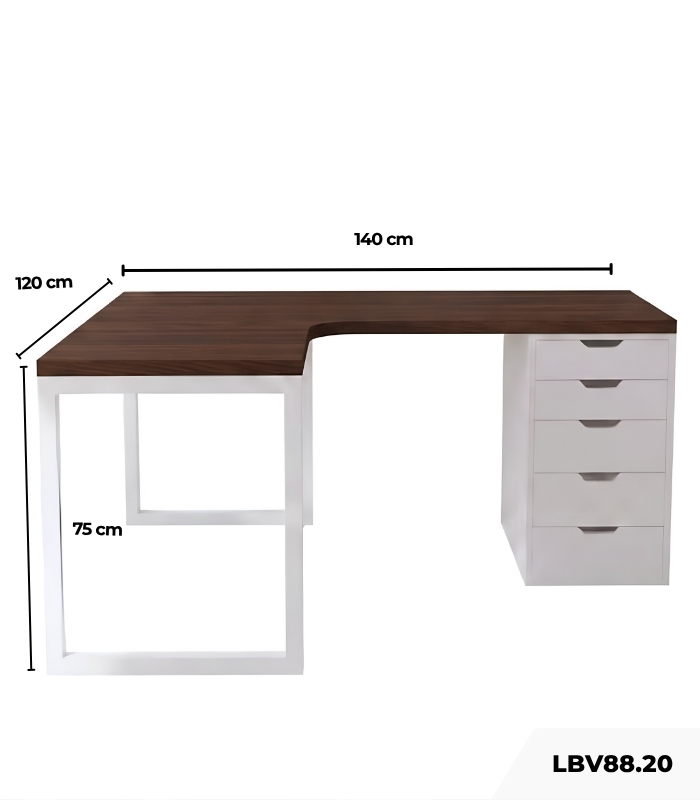 Bàn làm việc IKEA Chữ L 1 Tủ LBV88.20 140x120 - Trắng + Vân gỗ đậm