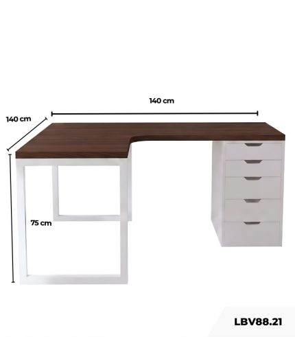 Bàn làm việc IKEA Chữ L 1 Tủ LBV88.21 140x140 - Trắng + Vân gỗ đậm