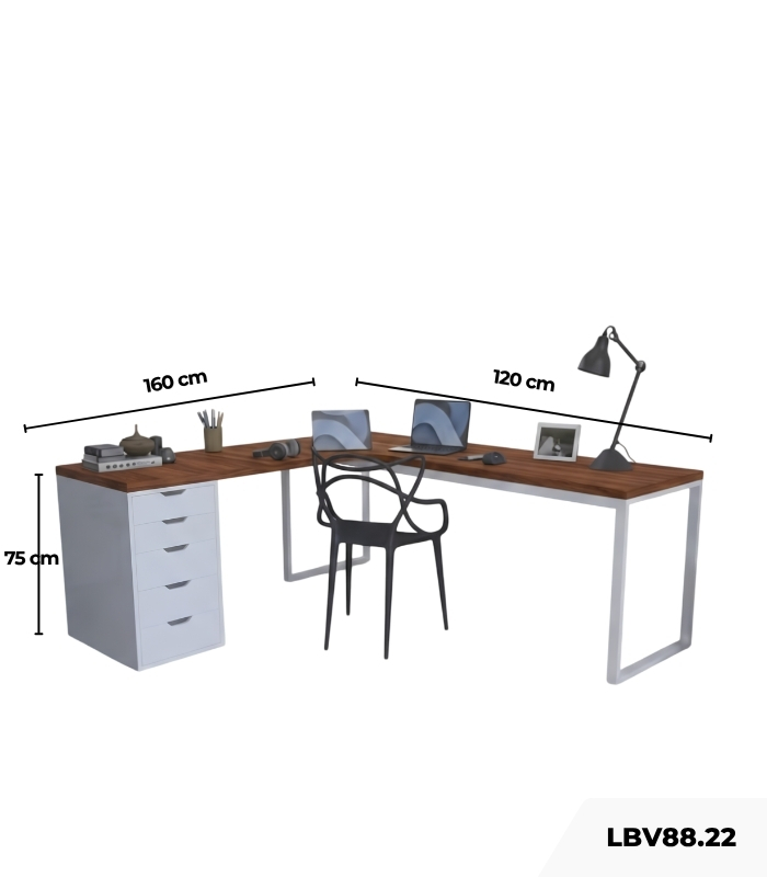 Bàn làm việc IKEA Chữ L 1 Tủ LBV88.22 160x120 - Trắng + Vân gỗ đậm