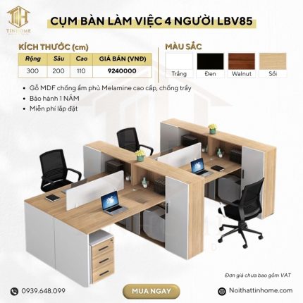 Cụm bàn làm việc 4 người LBV85.2 300x200 - Vân gỗ nhạt kết hợp Trắng