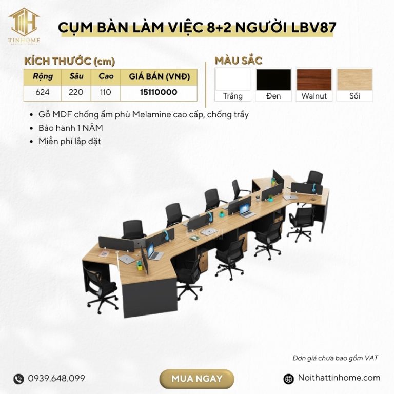 Cụm bàn làm việc 8+2 người LBV87.1 624x220 - Vân gỗ nhạt kết hợp Ghi