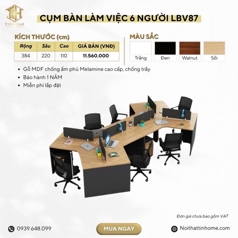 Cụm bàn làm việc 6 người LBV87.4 384x220 - Vân gỗ nhạt kết hợp Ghi
