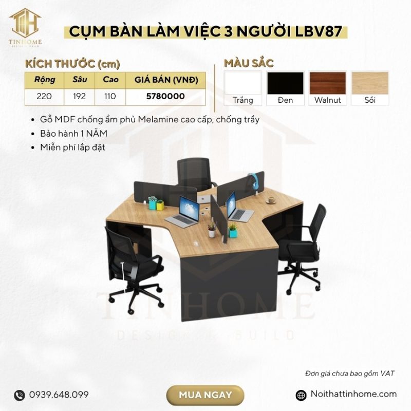 Cụm bàn làm việc 3 người LBV87.6 220x192 - Vân gỗ nhạt kết hợp Ghi