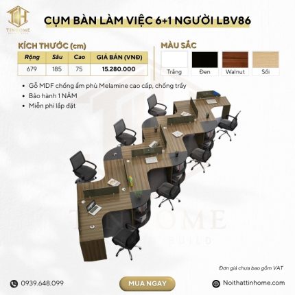 Cụm bàn làm việc 6+1 người LBV86.1 679x185 - Vân gỗ đậm kết hợp Ghi