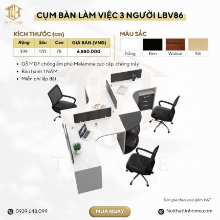 Cụm bàn làm việc 3 người LBV86.4 339x170 - Trắng