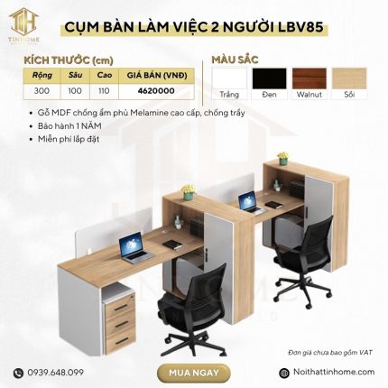 Cụm bàn làm việc 2 người LBV85.4 300x100 - Vân gỗ nhạt kết hợp Trắng