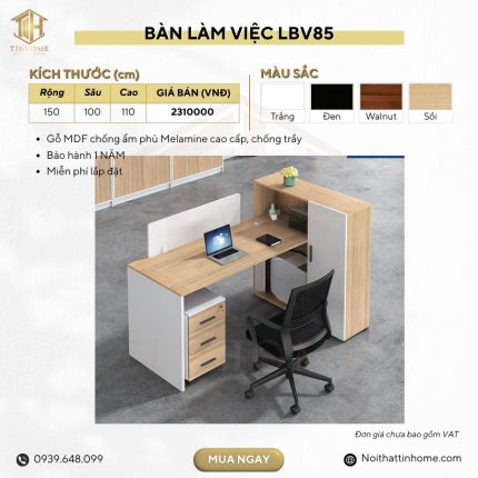 Bàn làm việc LBV85.6 150x100 - Vân gỗ nhạt kết hợp Trắng