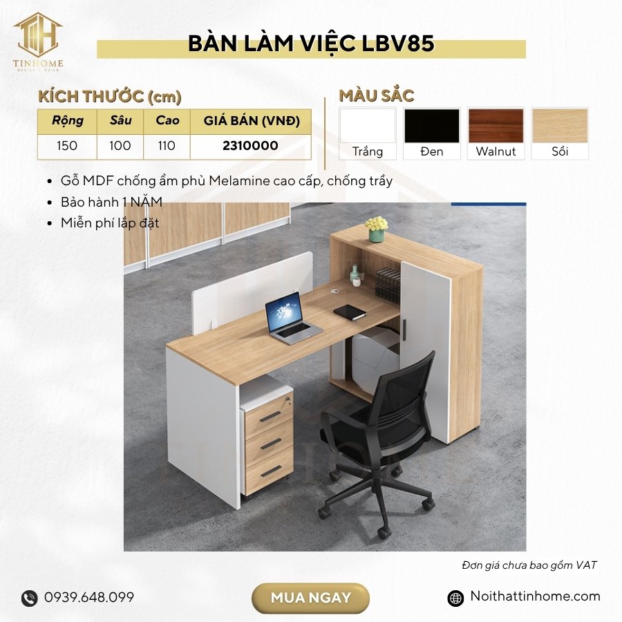 Bàn làm việc LBV85.6 150x100 - Vân gỗ nhạt kết hợp Trắng