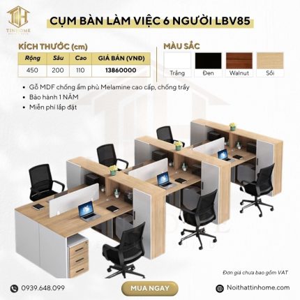 Cụm bàn làm việc 6 người LBV85.1 450x200 - Vân gỗ nhạt kết hợp Trắng