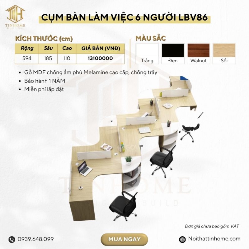 Cụm bàn làm việc 6 người LBV86.2 594x185 - Vân gỗ nhạt kết hợp Trắng