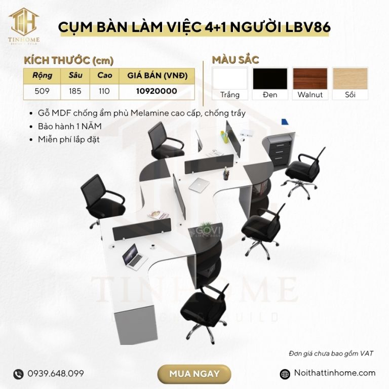 Cụm bàn làm việc 4+1 người LBV86.3 509x185 - Trắng kết hợp Đen