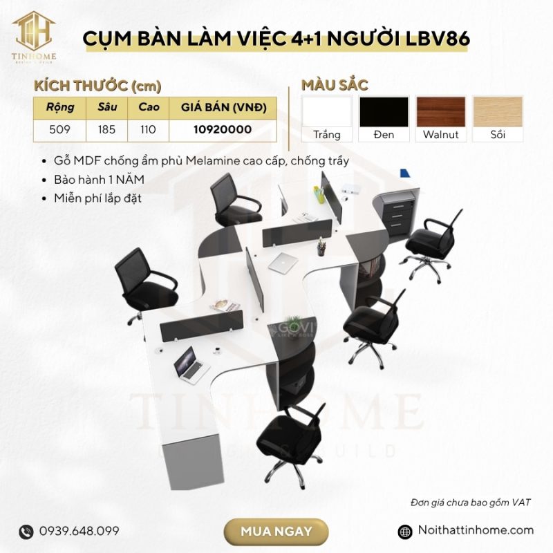 Cụm bàn làm việc 4+1 người LBV86.3 509x185 - Trắng kết hợp Đen