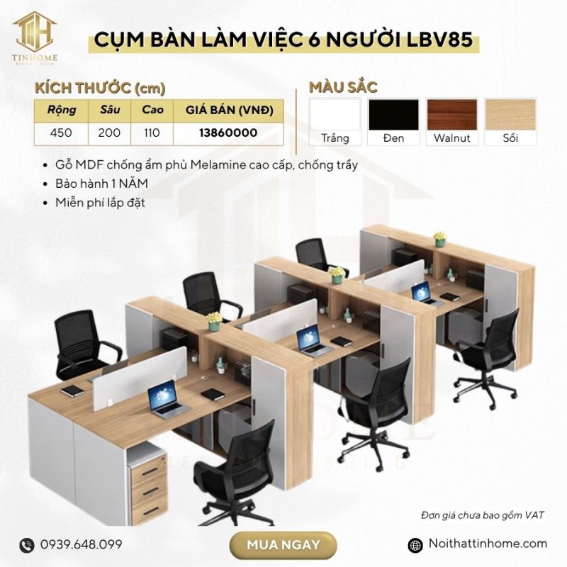 Cụm bàn làm việc 6 người LBV85.1 450x200 - Vân gỗ nhạt kết hợp Trắng