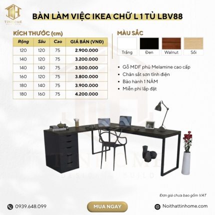 Bàn làm việc IKEA Chữ L 1 Tủ LBV88.01 120x120 - Trắng + Đen