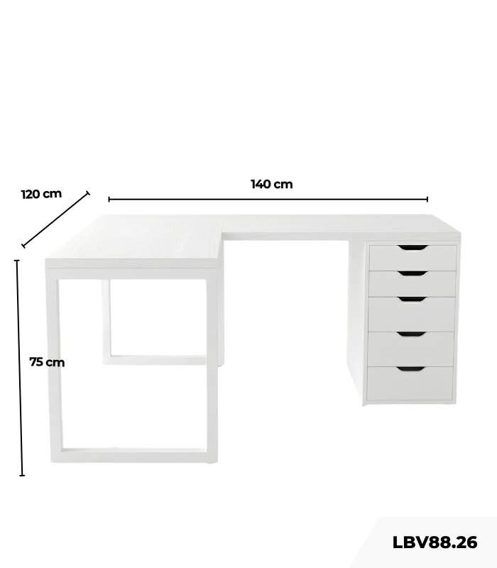 Bàn làm việc IKEA Chữ L 1 Tủ LBV88.26 140x120 - Trắng