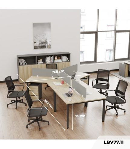Cụm bàn làm việc 4+1 người LBV77.11 352x268 - Mặt bàn vân gỗ - Khung đen