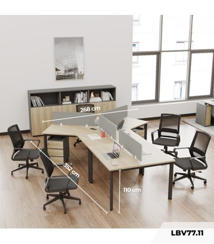 Cụm bàn làm việc 4+1 người LBV77.11 352x268 - Mặt bàn vân gỗ - Khung đen