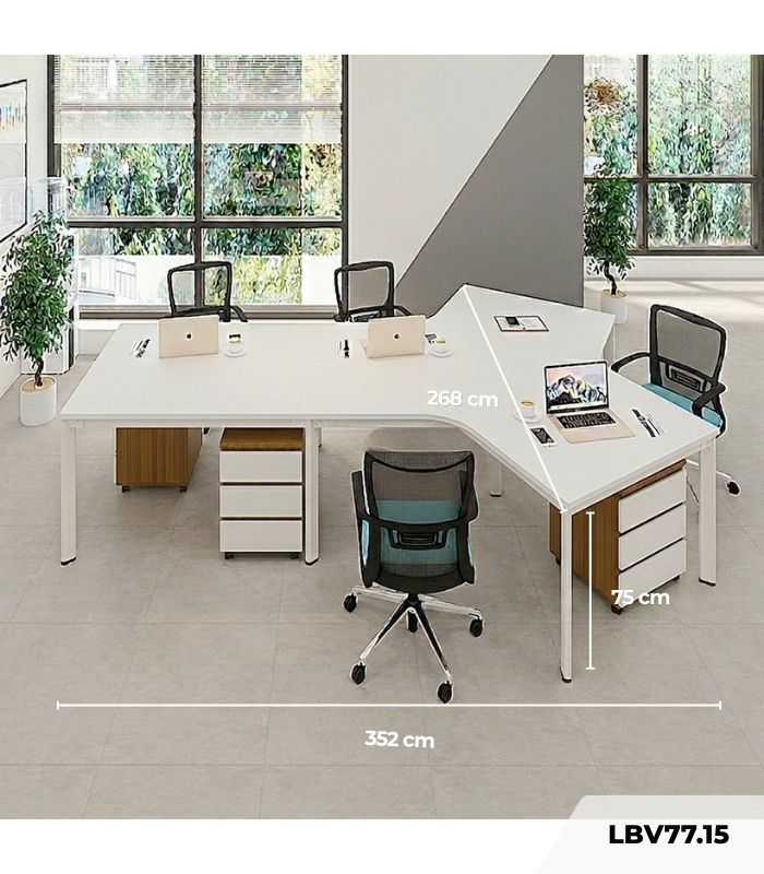 Cụm bàn làm việc 4+1 người LBV77.15 352x268 - Mặt bàn trắng - Khung trắng - Tủ vân gỗ