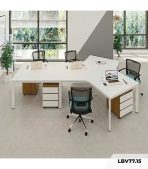 Cụm bàn làm việc 4+1 người LBV77.15 352x268 - Mặt bàn trắng - Khung trắng - Tủ vân gỗ